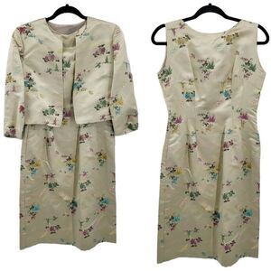 Vtg 60's Womens Dress 2pc Set Asian Satin Sheath Bolero Jacket Gold Floral Sz M